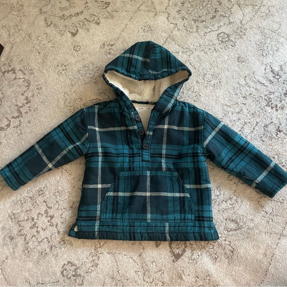 Zara Blue Green Plaid Sherpa Lined Hoodie Sweatshirt Size 2-3 Years